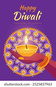 A hand holding a candle in a bowl with the words Happy Diwali Festival of Lights. The image has a festive and celebratory mood