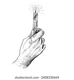 The Hand Holding the Candle And The Candle Falls Engraving Pen and Ink Vintage Vector illustration