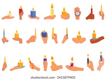 Hand holding candle icons set cartoon vector. Scented wax. Holiday human light