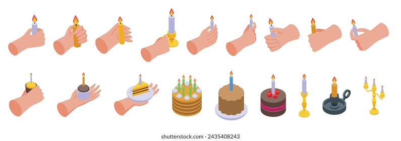 Hand holding candle icons set isometric vector. Scented wax holiday. Human dark light