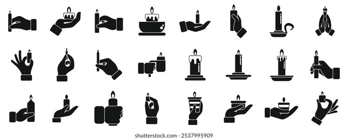 Hand holding candle icons set. Set of hand gestures holding lit candles, symbolizing remembrance, celebration, prayer, or spiritual practices