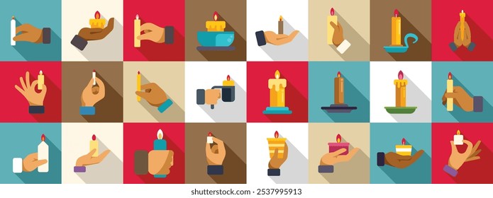 Hand holding candle icons set. Collection of hands interacting with lit and extinguished candles, representing different uses and rituals