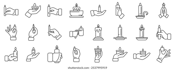 Hand holding candle icons set. People holding burning candles, offering prayers, and using various candle holders in acts of remembrance, hope, or celebration