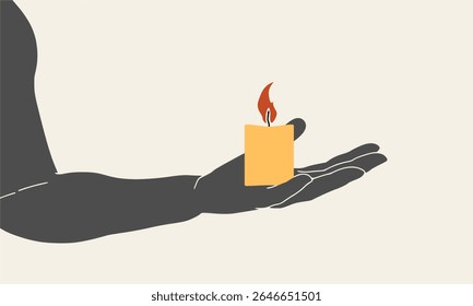Hand holding candle. Symbol of prayer and church concept in simple style. Memorial and hope symbol.