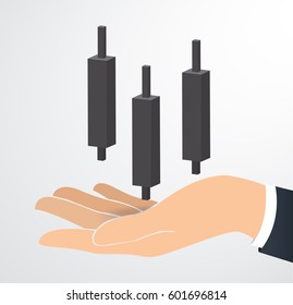 hand holding candlestick chart icon vector