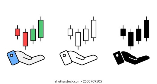 Hand holding candlestick icon set. Candlestick pattern chart symbol isolated background. Market investment trading silhouette icon, vector illustration.