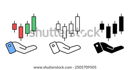 Hand holding candlestick icon set. Candlestick pattern chart symbol isolated background. Market investment trading silhouette icon, vector illustration.