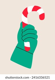 Hand holding candy cane. Colorful vector illustration
