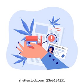 Hand holding cannabis package vector illustration. Sellers complying with legal regulations, labeling product, making medical marijuana ID card. Cannabis compliance and legalization concept