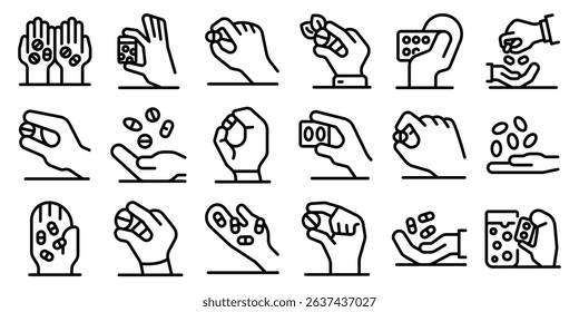 Hand holding capsule icons set. Various hands holding, dropping, and offering pills and capsules, representing medicine, healthcare, and pharmaceutical concepts