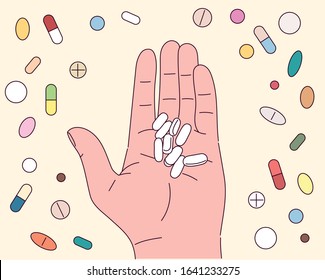 Hand is holding capsule medicine. Pills scattered on the floor. hand drawn style vector design illustrations. 