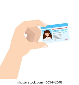 Hand holding Car driver license or id cadr. Vector illustration