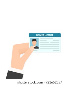 Hand holding car driver license. Vector illustration isolated on white background