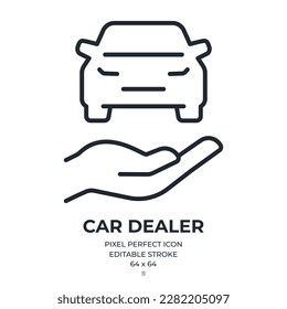 Mano sosteniendo un icono de contorno de trazo editable del coche aislado en la ilustración plana del vector de fondo blanco. Pixel perfecto. 64 x 64.