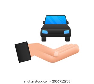 Hand holding car, great design for any purposes. Cartoon vector illustration.