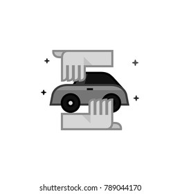 Hand holding car icon in flat outlined grayscale style. Vector illustration.