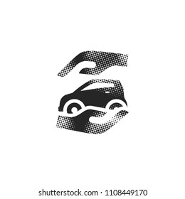 Hand holding car icon in halftone style. Black and white monochrome vector illustration.