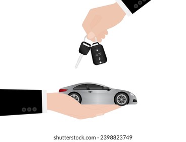 Hand Holding Car Key with Car. Buying Car or Renting Car Concept. Vector Illustration. 