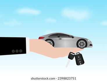 Hand Holding Car Key with Car. Buying Car or Renting Car Concept. Vector Illustration. 