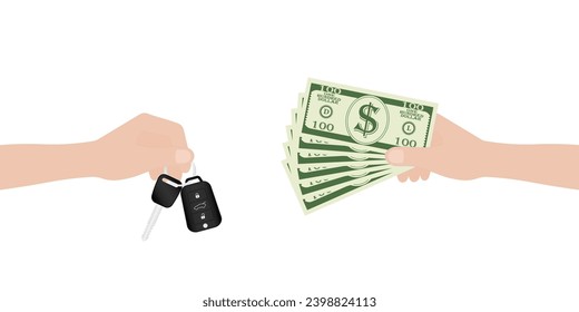 Llave de coche de mano y billete en dólares. Compra de coches o alquiler de coches. Ilustración vectorial. 