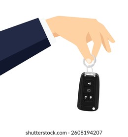 Hand holding car key isolated on white background. Car rent concept. Vector