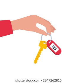 Hand Holding the Car Key. Modern hotel door lock key with room number badge. Vector illustration in flat design