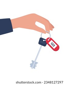 Hand Holding the Car Key. Modern hotel door lock key with room number badge. Vector illustration in flat design