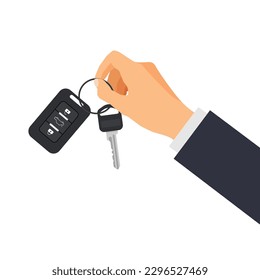 Hand is holding car key. Car rental or sale. Vector illustration in trendy flat style isolated on white background.