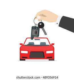 Hand holding car keys near red auto vector illustration isolated on white background, concept of automobile gift, car keys gift, rent a car service, auto dealer, success deal, prize flat cartoon style