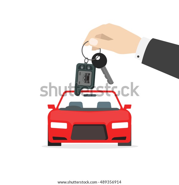 Hand holding car keys near red auto vector
illustration isolated on white background, concept of automobile
gift, car keys gift, rent a car service, auto dealer, success deal,
prize flat cartoon style