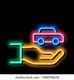 Hand Holding Car neon light sign vector. Glowing bright icon Hand Holding Car isometric sign. transparent symbol illustration