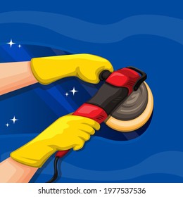 Hand holding car polishing machine. car clean and paint detailing symbol concept in cartoon illustration vector