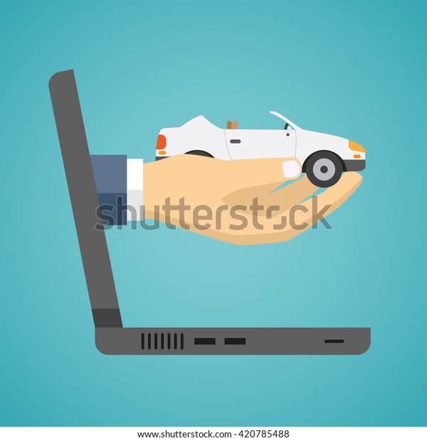 Hand\
holding car from screen of notebook. Flat\
design.