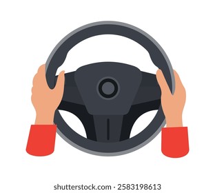 Hand Holding Car Steering Wheel. Hands on steering wheel. Driver. Driving car. Test drive. Landing page driving lessons. Vector flat illustration stock illustration