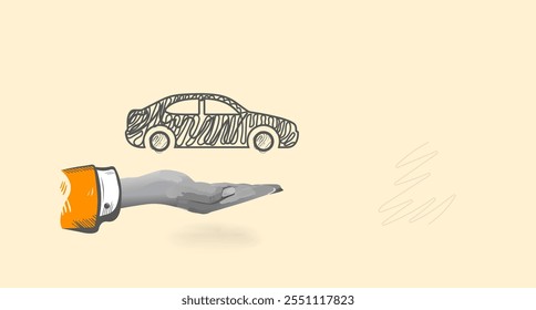 Hand holding car vector illustration. Collage Art Vector illustration