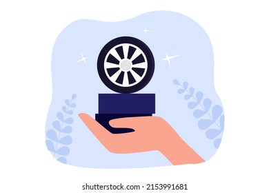 Mano sosteniendo el volante del auto. Ilustración vectorial plana de servicio de neumáticos o de conexión de publicidad. Servicio de reparación de automóviles, concepto de mantenimiento para banner, diseño de sitios web o página web de aterrizaje