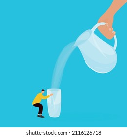 hand holding a carafe of water pours into a glass. A Person Drinks Water. Vector illustration in a flat style of the concept of a healthy lifestyle and water balance in the body