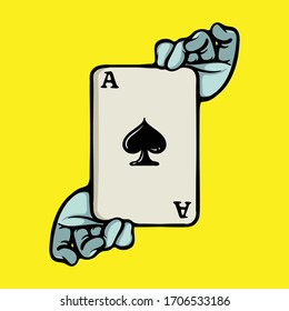 Hand holding card. Ace of spade vector concept. Playing card illustration isolated on bright yellow. Poker player symbol