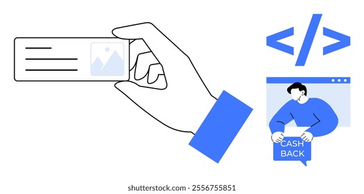 Hand holding a card beside HTML code symbols and a person receiving cashback from a website. Ideal for UI and UX design, online transactions, e-commerce, web development, and digital marketing