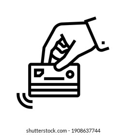tarjeta de mano con chip de pago sin contacto vector de icono. tarjeta de mano con signo de chip de pago sin contacto. símbolo de contorno aislado ilustración negra