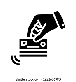 hand holding card with contactless payment chip glyph icon vector. hand holding card with contactless payment chip sign. isolated contour symbol black illustration