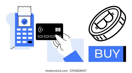 Hand holding card for contactless payment near terminal, Bitcoin coin, and Buy button. Ideal for finance, technology, e-commerce, cryptocurrency, digital transactions, shopping, online payments. Line