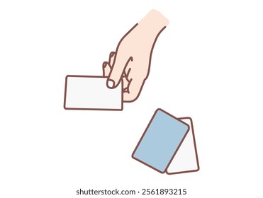 Hand holding a card, credit card, business card, ATM card. Hand drawn style vector design illustrations.