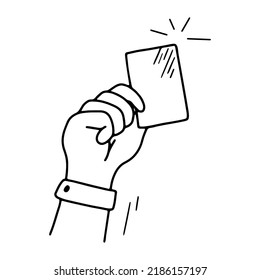Hand holding card. Doodle vector illustration. Penalty proof, Soccer or football referees hand with foulcard warning sketch.