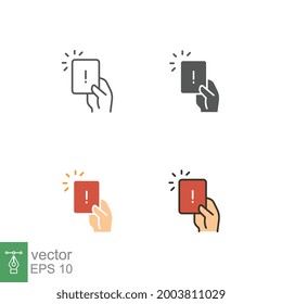 Hand Holding Card With Exclamation Mark For Error Card Symbol. Penalty Proof, Soccer Or Football Referees Hand With Foul Card Warning Icon. Vector Illustration Design On White Background. EPS10