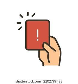 Hand Holding Card With Exclamation Mark For Error Card Symbol. Penalty Proof, Soccer Or Football Referees Hand With Foul Card Warning Icon. Vector Illustration Filled Outline Style. EPS10