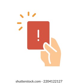 Hand Holding Card With Exclamation Mark For Error Card Symbol. Penalty Proof, Soccer Or Football Referees Hand With Foul Card Warning Icon. Vector Illustration Filled Outline Style. EPS10