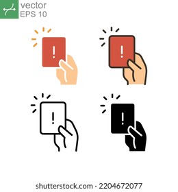 Hand Holding Card With Exclamation Mark For Error Card Symbol. Penalty Proof, Soccer Or Football Referees Hand With Foul Card Warning Icon. Vector Illustration Design On White Background. EPS10