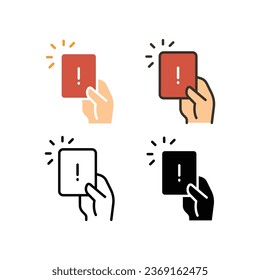Tarjeta de retención manual con signo de exclamación para el símbolo de tarjeta de error. A prueba de sanciones, los árbitros de fútbol o fútbol entregan un ícono de advertencia de tarjeta defectuosa. Diseño de ilustración vectorial en fondo blanco. EPS10