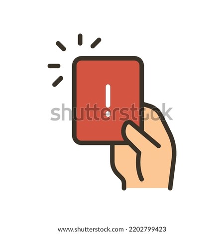 Hand holding card with exclamation mark for error card symbol. Penalty proof, Soccer or football referees hand with foul card warning icon. Vector illustration filled outline style. EPS10